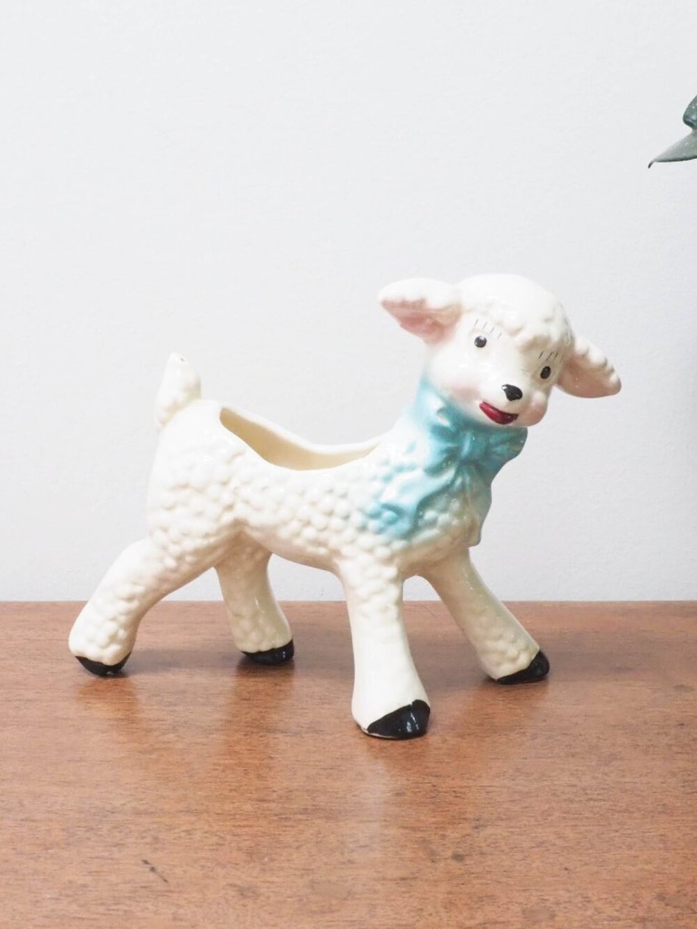 Vtg Ceramic Lamb Planter - Vintage Animal Plant Holder - Blue Bow Baby Sheep